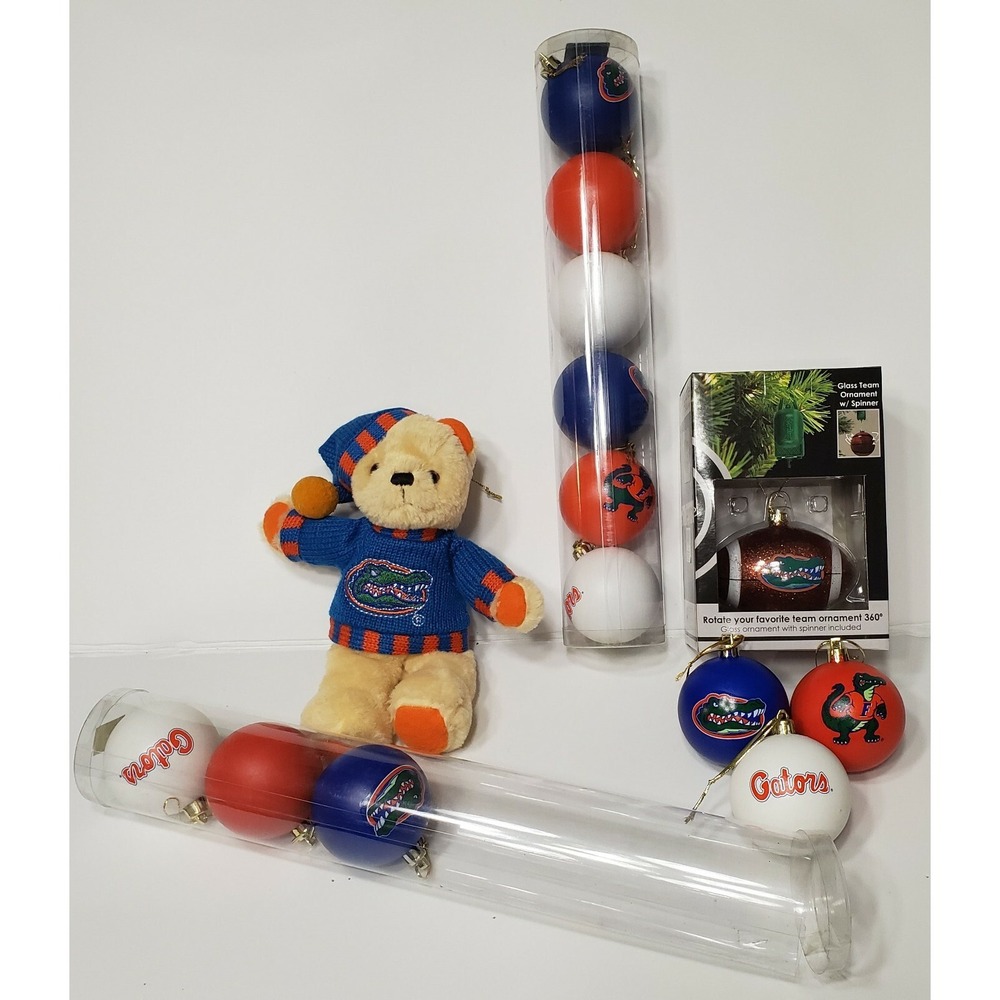 Florida Gators Football LOT: Plush Teddy‎ Bear, Glass Ornament w/ Spinner, +
